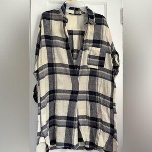 ZARA Oversized Relaxed Plaid Button Up Shirt Navy Cream Checkered Sz: Large